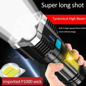 POWERFUL Tactical Quad-Core Super Bright Torch LED Flashlight USB Rechargeable (Option: Black)