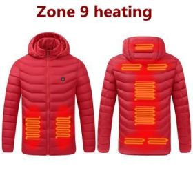 Men 9 Areas Heated Jacket USB Winter Outdoor Electric Heating Jackets Warm Sprots Thermal Coat Clothing Heatable Cotton jacket (Color: 9 Areas heated Red, size: XXXL)